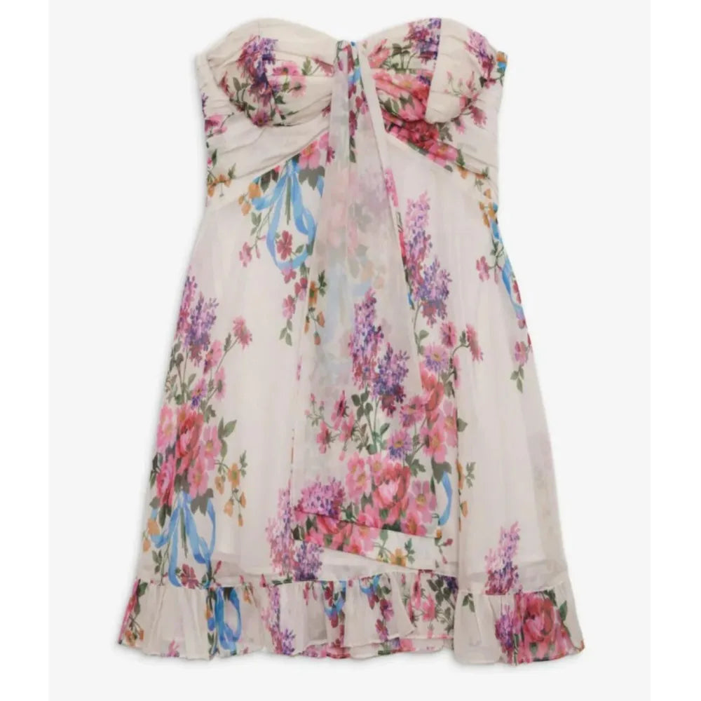 Ingvn  Floral Print Strapless Mini Chiffon Dress Women Ruffles Hem Party Irregular Frilled Elastic Bandage Backless Holiday Dress