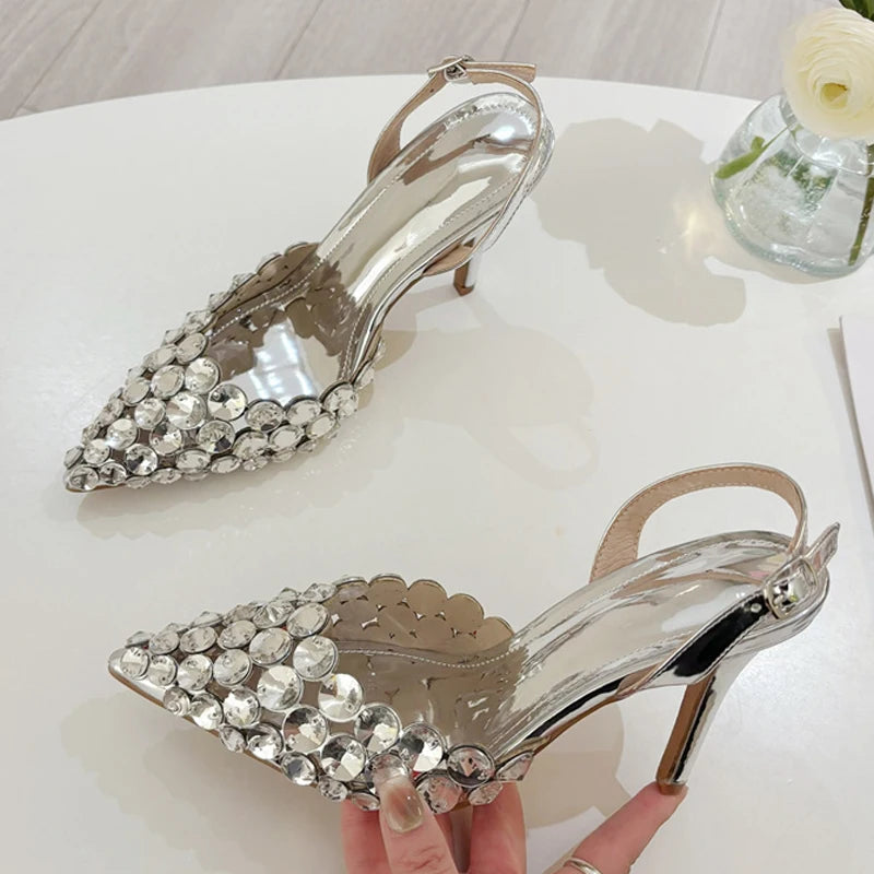 Ingvn  Elegant Pointed Toe Slingback Stiletto Sandals Crystal Diamonds Women Pumps High Heels Wedding Prom Shoes Zapatos Mujer