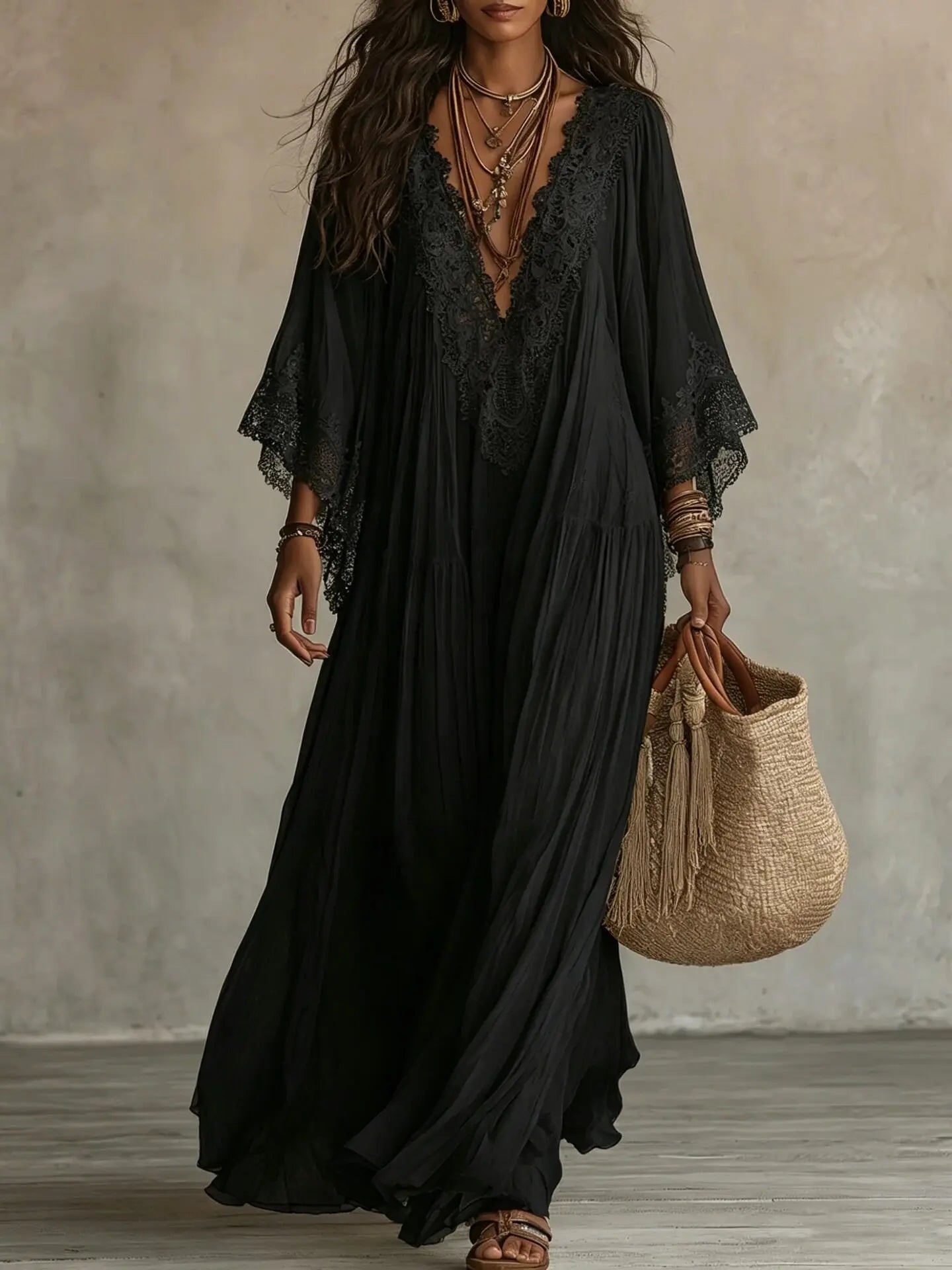 Ingvn  Vintage Solid Long Dresses New Women Boho Lace Trim Deep V Neck Flowy Maxi Dresses Ladies Fashion Beach Holiday Party Vestidos