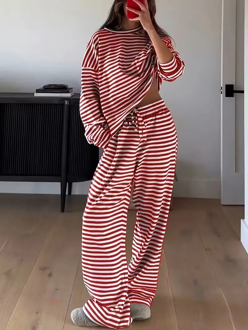 Ingvn - Women's 2 Piece Loungewear Set Red White Stripe Oversized Long Sleeve Top Wide Leg Pants Casual Loose Home Wear Outfit