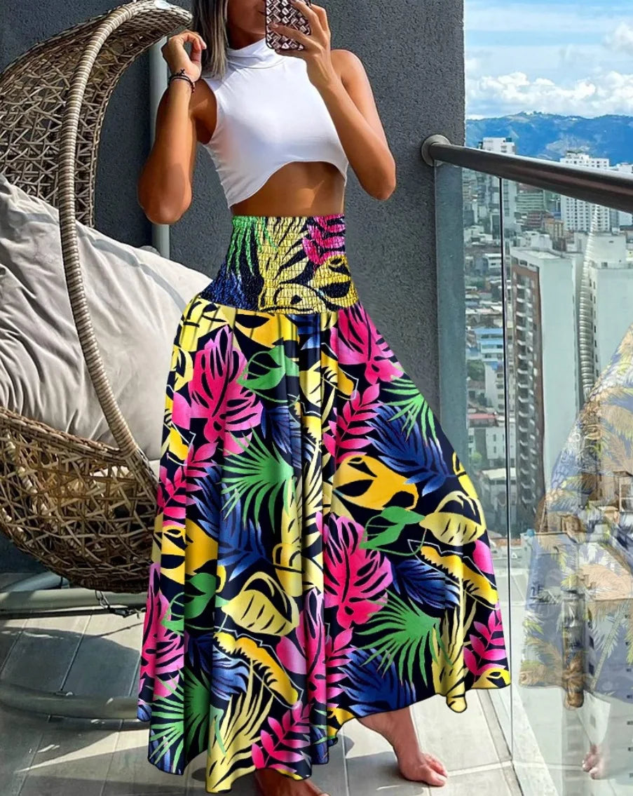 Ingvn  Fashion Cotton Women Floral Print Skirt Side Tie Beach Skirts Summer High Waist Wrap Flower Long Skirt