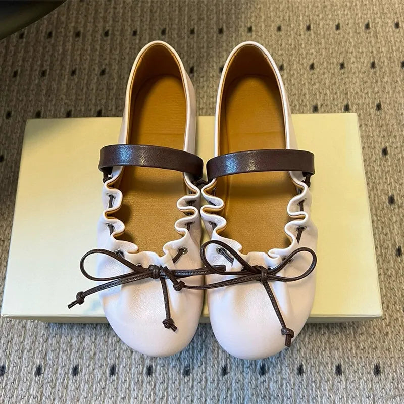 Ingvn  Ins style Fashion Pleated Bowknot Ruffle Women Ballet Flats Spring Summer Soft Leather Mary Janes Walking Loafers Casual Shoes