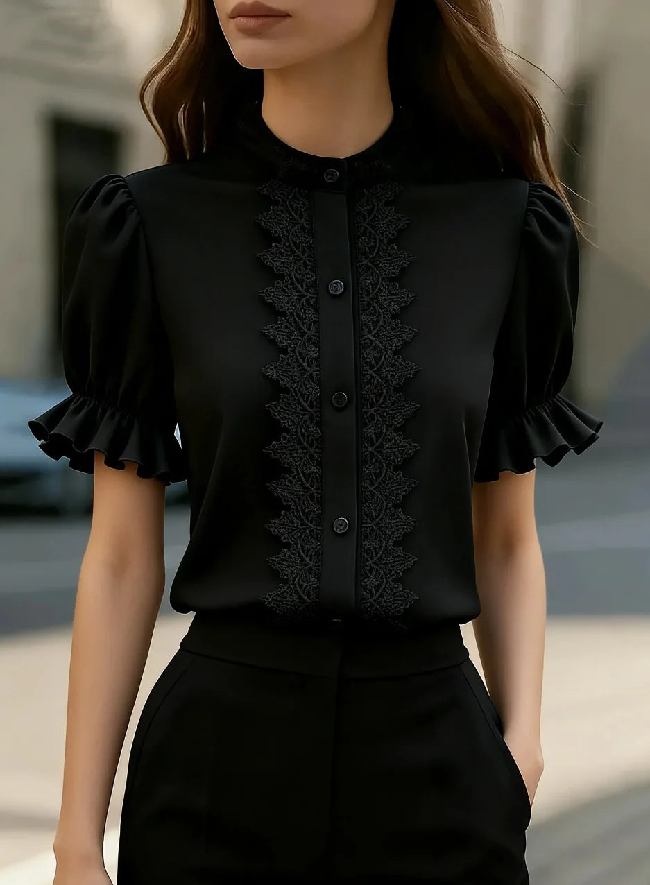 Ingvn  Women Lace Trim Puff Sleeve Blouse Ruffle Short Sleeve Button Down Shirt Top Casual Office Wear