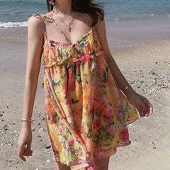 Ingvn  Cheopod Floral Print Halter Dress Women's Vacation Gown Summer Casual High Waist A-Line Skirt V-Neck Sleeveless Single Piece
