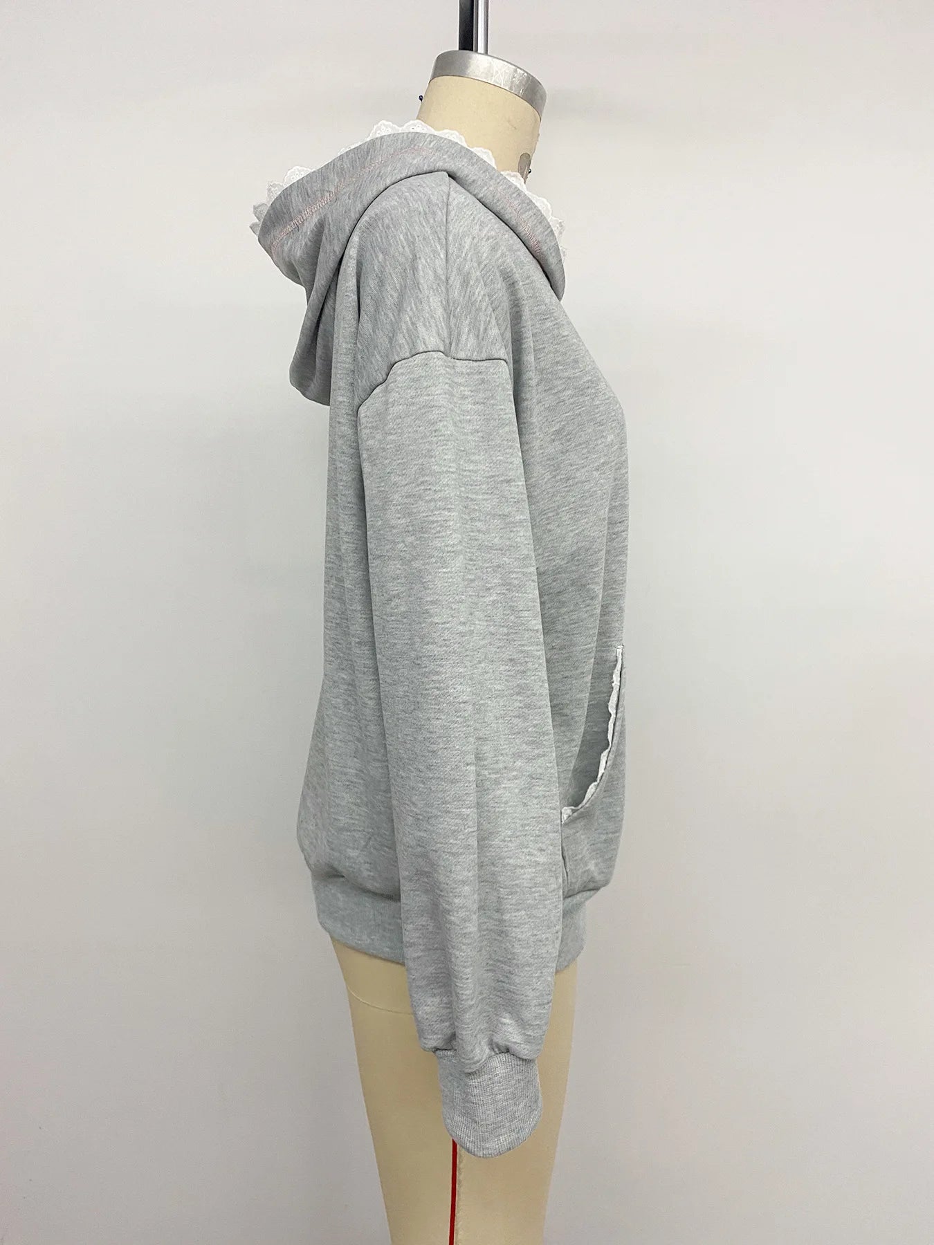 Ingvn - Women Sweet Hoodie Bow Embroidery Lace Trim Splice Long Sleeve Loose Casual Pullover Sweatshirt