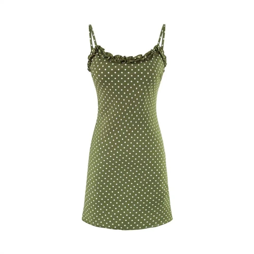 Ingvn  Vintage French Style ArmyGreen Polka Dot Print Wood ears O neck Sling Dress Women a-lined Short Dresses Femme Vestidos Robe