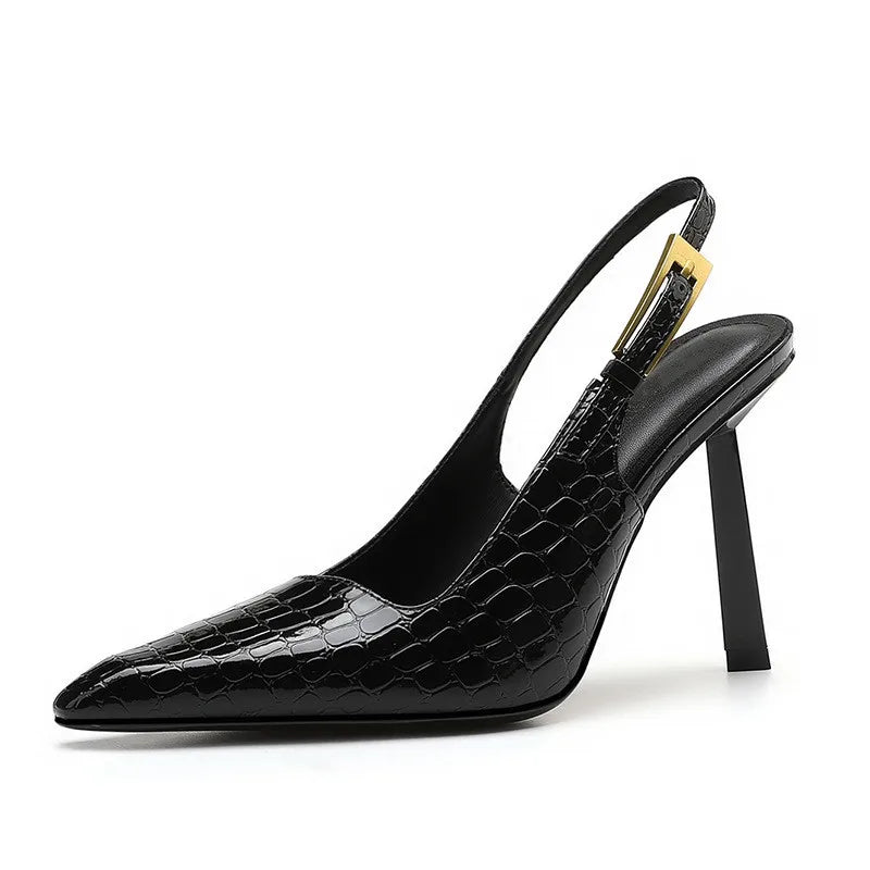 Ingvn  Star style Fashion Patent Leather Women Pumps Summer Square toe Metal Buckle Slingbacks Elegant Thin High heels Dress Shoes