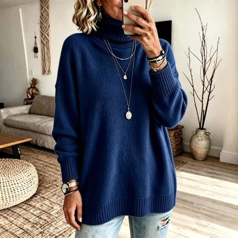 Ingvn - Women Turtleneck Knit Sweater Loose Long Sleeve Pullover Thick Autumn Winter Base Layer Top