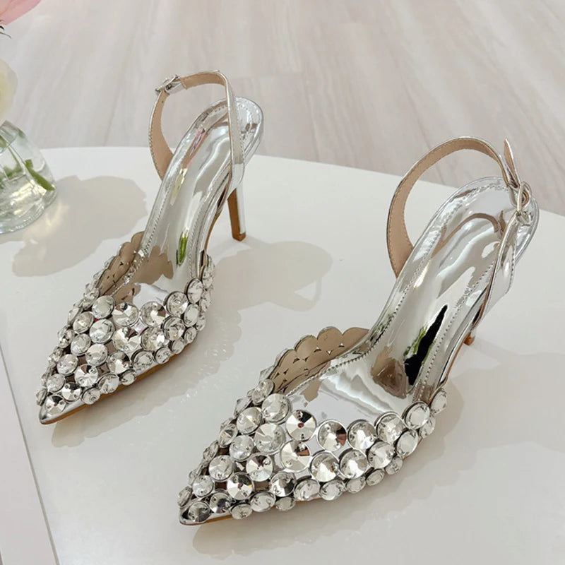 Ingvn  Elegant Pointed Toe Slingback Stiletto Sandals Crystal Diamonds Women Pumps High Heels Wedding Prom Shoes Zapatos Mujer