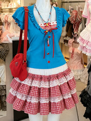 Ingvn  American Vintage Y2K 2‑Piece Sets Japanese Kawaii Crop Top Blouse and Mini Skirts Sweet Holiday Casual Outfits for Women
