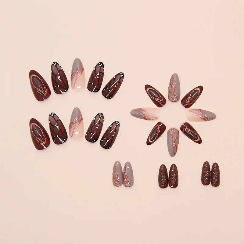 Ingvn  24Pcs Butterfly Wings Press on Acyrlic Nails with Design Medium Autumn Length Fingernails Fake with Charm 3d Textured Nail Tips