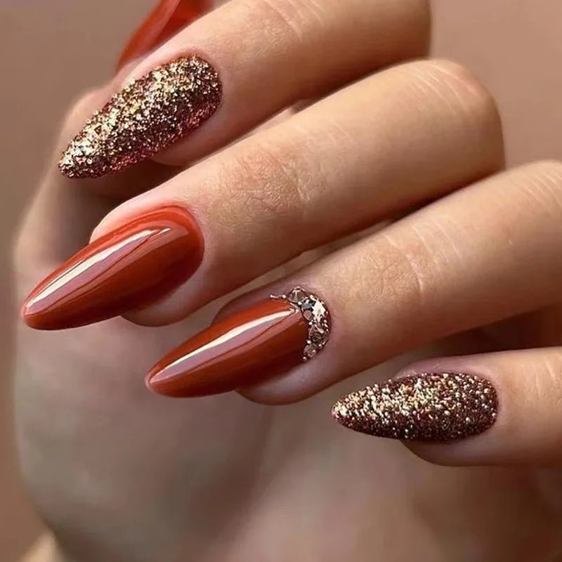 Ingvn  24Pcs Almond Fake Nail with Leaves Design Simple Brown False Nails Wearable French Oval Press on Nails Reusable Stiletto Nails