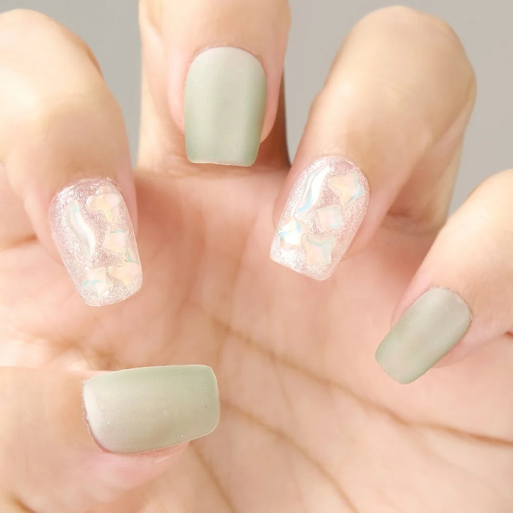10pcs Handmade Green Gradient Fake Nails Short Square False Nails with Water Diamond Summer Cat's Eye Nails for Women and Girls