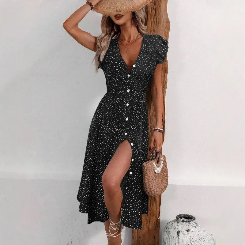 Ingvn  Women's Polka Dot Midi Dress - Deep V Neck Puff Sleeve Split Casual Dress