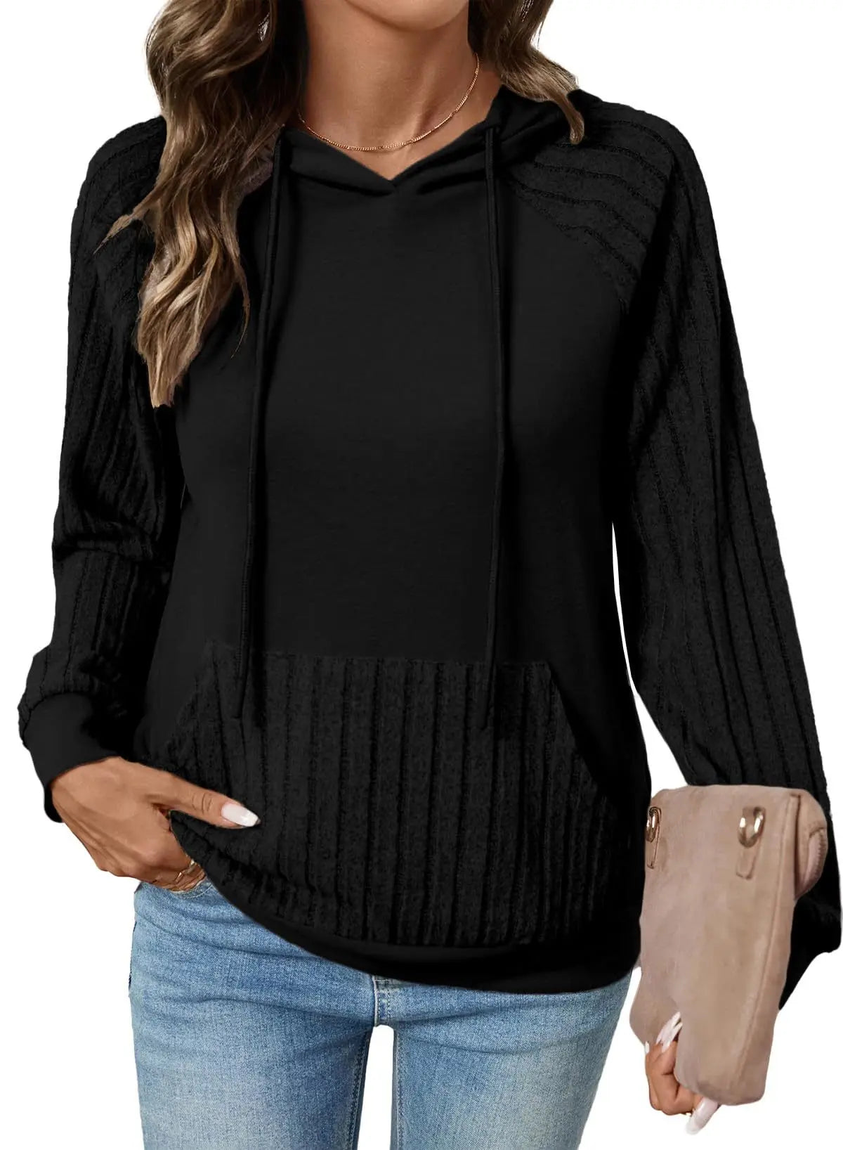 Ingvn - Women Early Autumn New Style Pocket Pullover Hooded Patchwork Thin Hoodie Casual Versatile Pullover Long Sleeve Top
