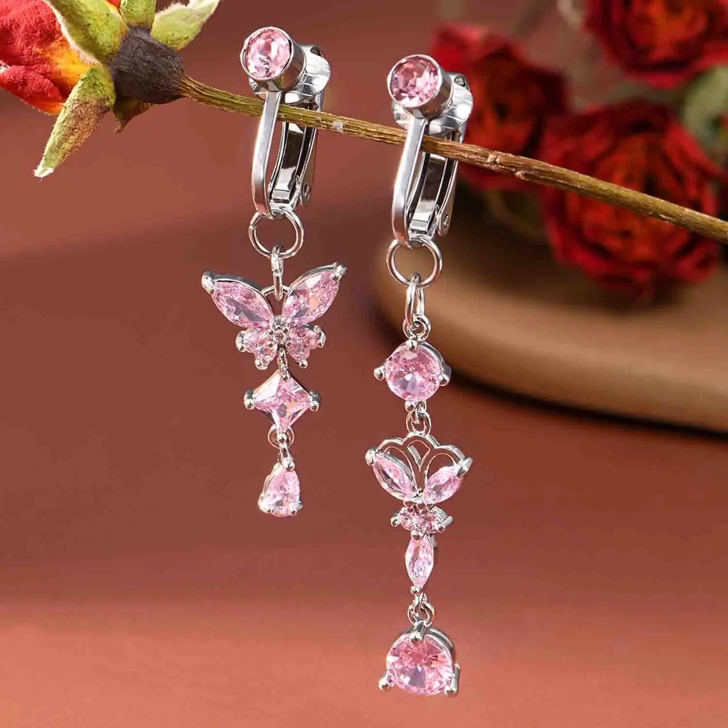 Ingvn  2pcs Cute Fake Belly Ring for Women - Pink CZ Heart & Butterfly Dangle Clip On Navel Rings, 304 Stainless Steel, Non-Pierced