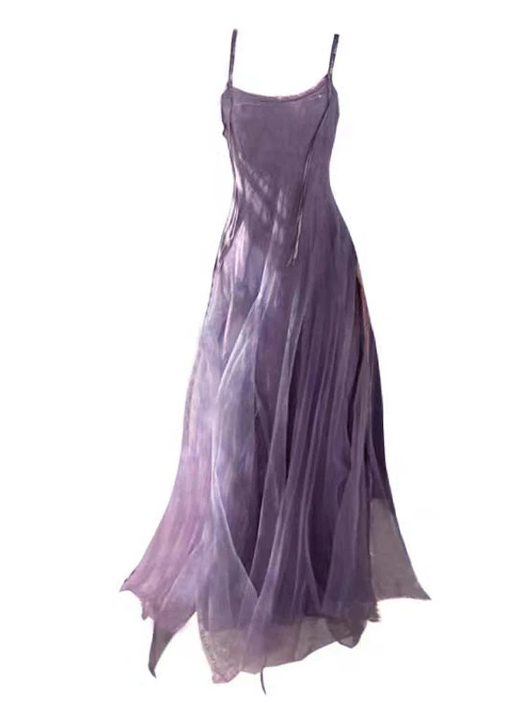 Ingvn  Slimming Effect Purple Mesh Ankle-Length Dress Women's plus Size Strapless Gown Korean Style High Waist A-Line Skirt