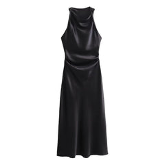Ingvn  Autumn Satin Texture Sleeveless Midi Dress Round Neck Fashion Evening Dress