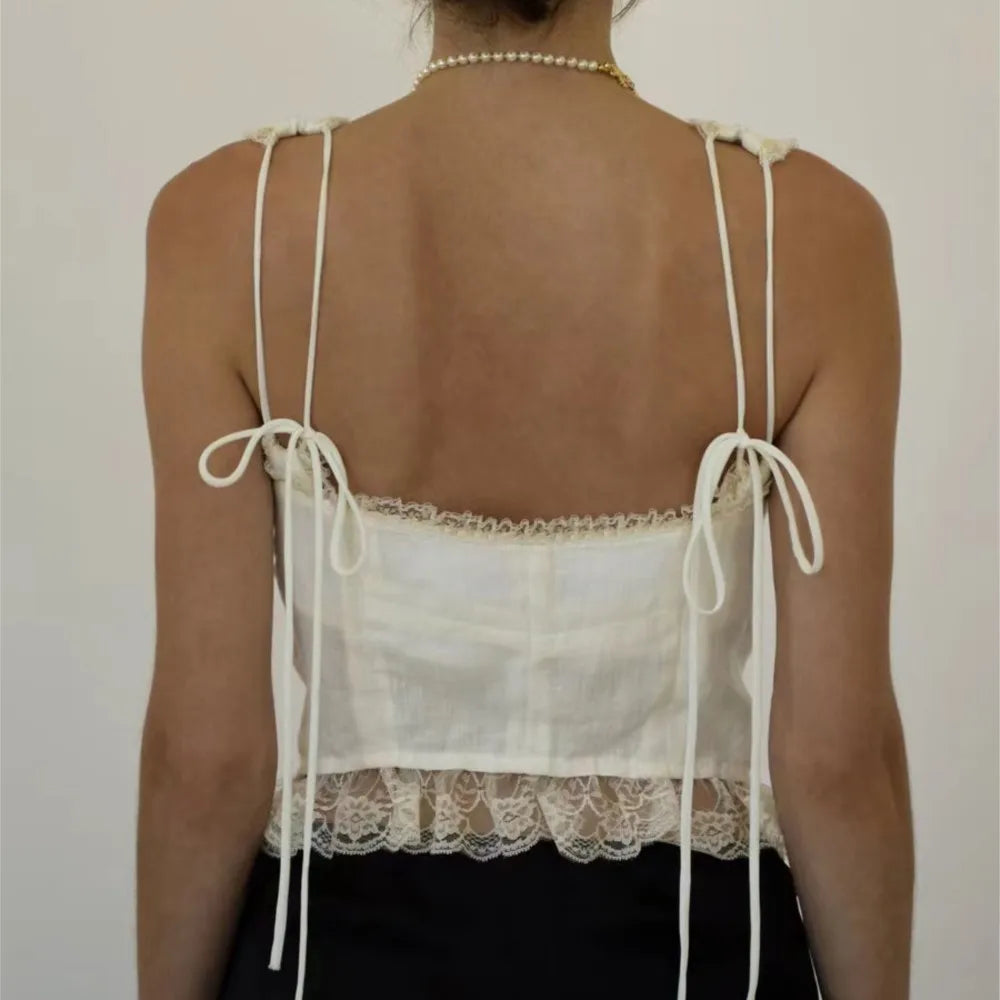 Ingvn  Sexy White Spliced Lace Front Metal Hook Buttons Corset Women Back Bow Lacing up Strap Camisole Tank Tops Rope Crop Top