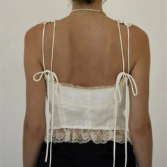 Ingvn  Sexy White Spliced Lace Front Metal Hook Buttons Corset Women Back Bow Lacing up Strap Camisole Tank Tops Rope Crop Top