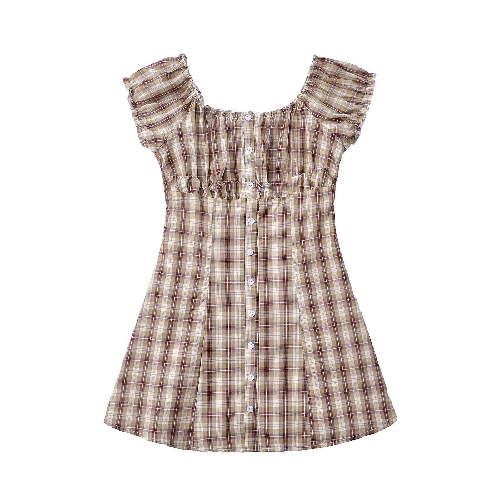 Ingvn  Contrast Color Plaid Open Buttons Slash Shoulder Mini Dress Women Short Sleeve Slim Waist Dresses Holiday Robe Femme