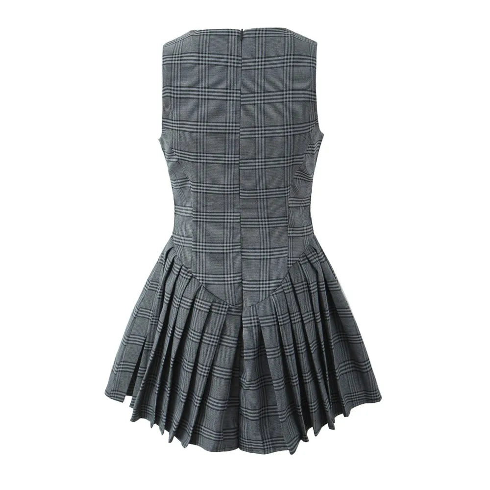 Ingvn  Sexy O neck Gray Plaid Print Sleeveless Mini Dress Low Waist Spliced Folded Pleated Swing Women Tank Dresses Short Robe