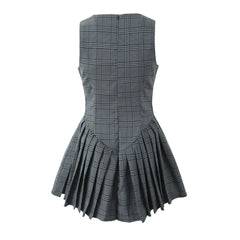 Ingvn  Sexy O neck Gray Plaid Print Sleeveless Mini Dress Low Waist Spliced Folded Pleated Swing Women Tank Dresses Short Robe