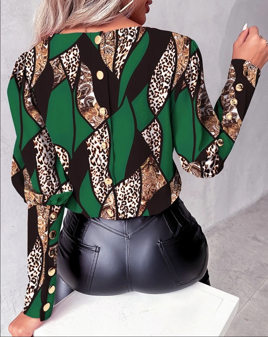 Ingvn  Autumn and winter fashionable printed long sleeved love style round neck button up blouse shirt for women