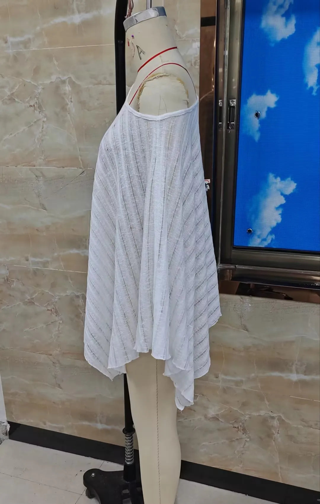 Ingvn  Women's Knitted Bikini Cover-up See-through Solid Off One Shoulder Irregular Triangle Hem Loose Pullover Summer Beach Tops