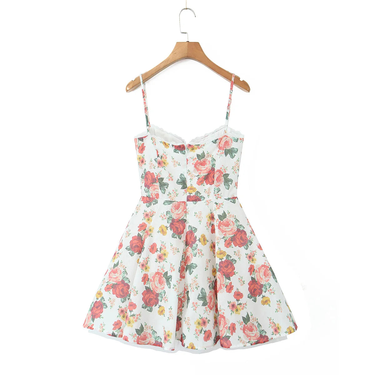 Ingvn  Sexy White with Flower Print Cotton Corset Style Sling Mini Dress Women Lace V Low Chest with wire Ball Gown Swing Party Robe