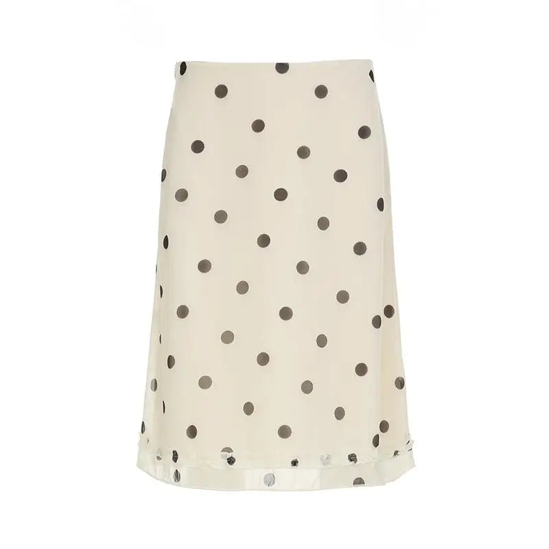 Ingvn  Women Polka Dot Midi Skirt Casual Lettuce Trim Beige Skirt Elegant Streetwear Bottom for Spring All Match Skirts