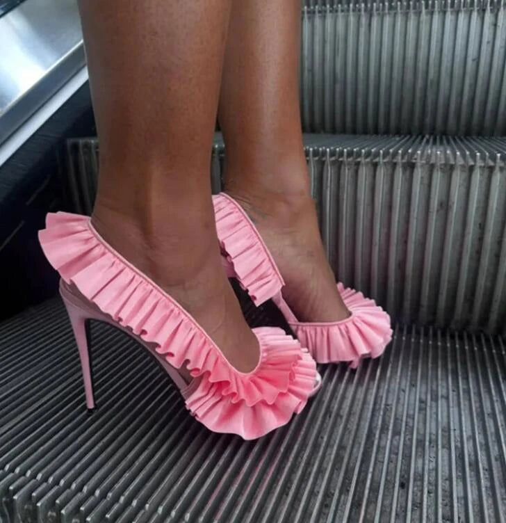Ingvn - Neon Green Pink Silk Ruffle High Heel Sandals Women Open Toe 10cm Stiletto Heel Slip On Slingback Wedding Banquet Pumps Shoes