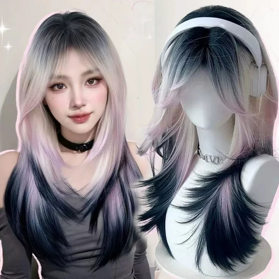 Ingvn  Long Wavy Pink Wig with Bangs Synthetic Cosplay Natural Lolita Purple Green Wig Halloween Costume Wig for Women Daily Wear