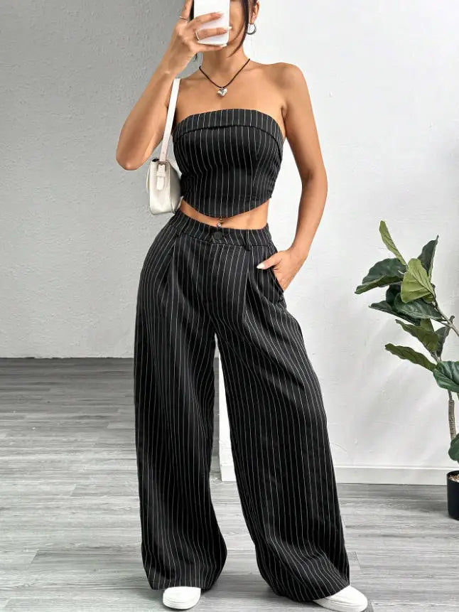 Ingvn  Women's Striped 2 Piece Outfit Tube Top and High Waist Wide Leg Pants Set