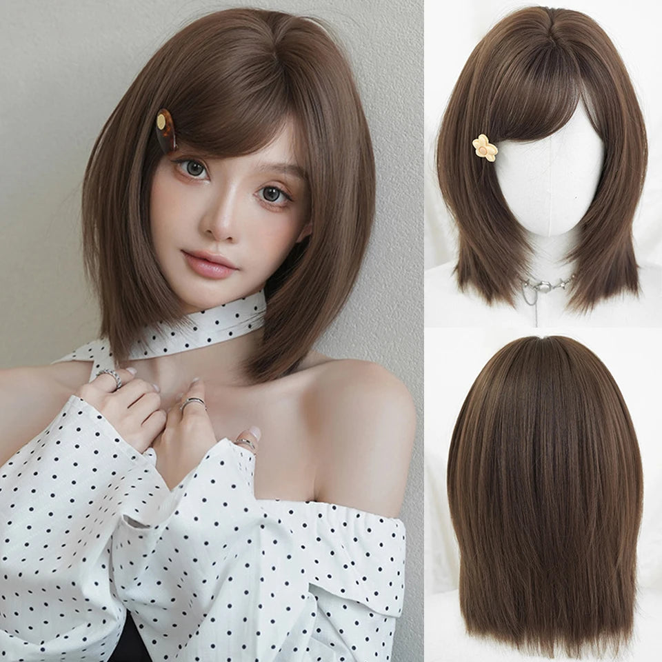 Ingvn  ﻿ Short Brown Straight Synthetic Wig with Bangs Curly Hair Pink Green Lolita Wigs for Women Daily Party Cosplay Christmas Wig