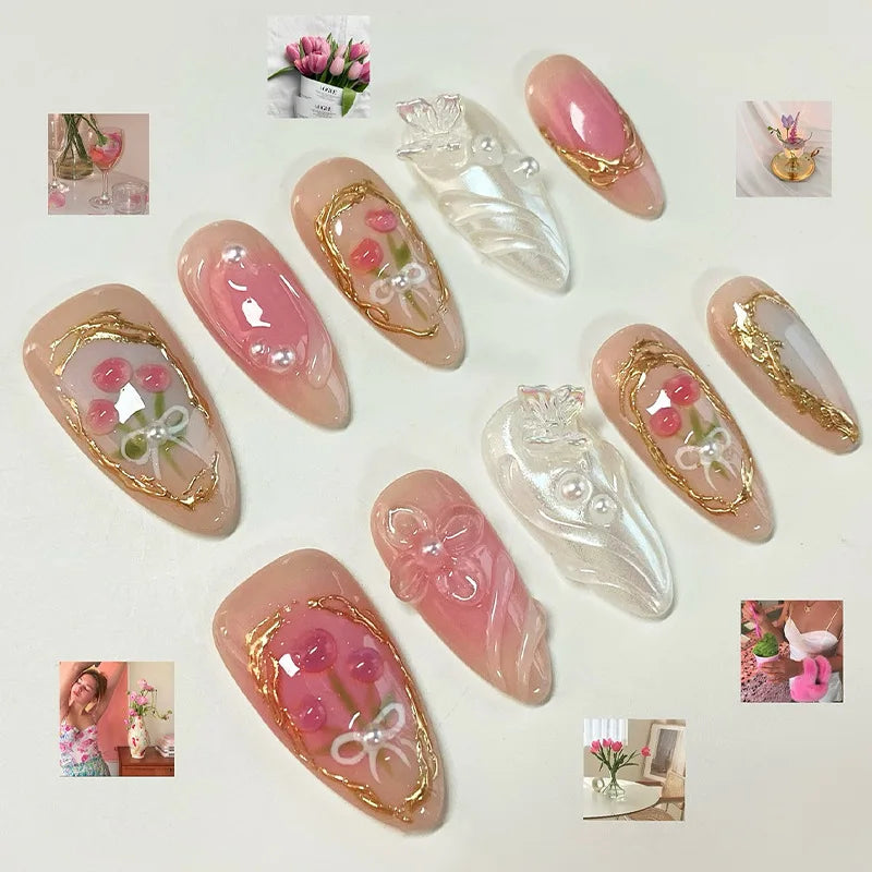 Ingvn  24Pcs Shiny Pink Cat's Eye Full Cover Nail Tips Fashion French Peach Blossom Design False Nails Almond Detachable Press on Nails