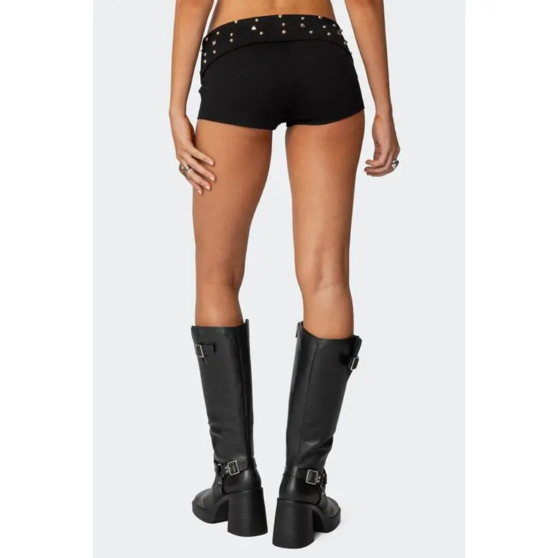 Ingvn  Women's Y2K Elastic Low Rise Studded Shorts Punk Fold Over Waist Slim Fit Skinny Goth Micro Mini Shorts Sexy Loungewear Bottoms