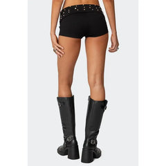 Ingvn  Women's Y2K Elastic Low Rise Studded Shorts Punk Fold Over Waist Slim Fit Skinny Goth Micro Mini Shorts Sexy Loungewear Bottoms