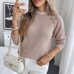 Ingvn - Fashion Lace O-neck Knitted Pullover Woman's New Casual  Loose Long Sleeved Sweater Ladies Autumn Winter Chic Office Sweaters