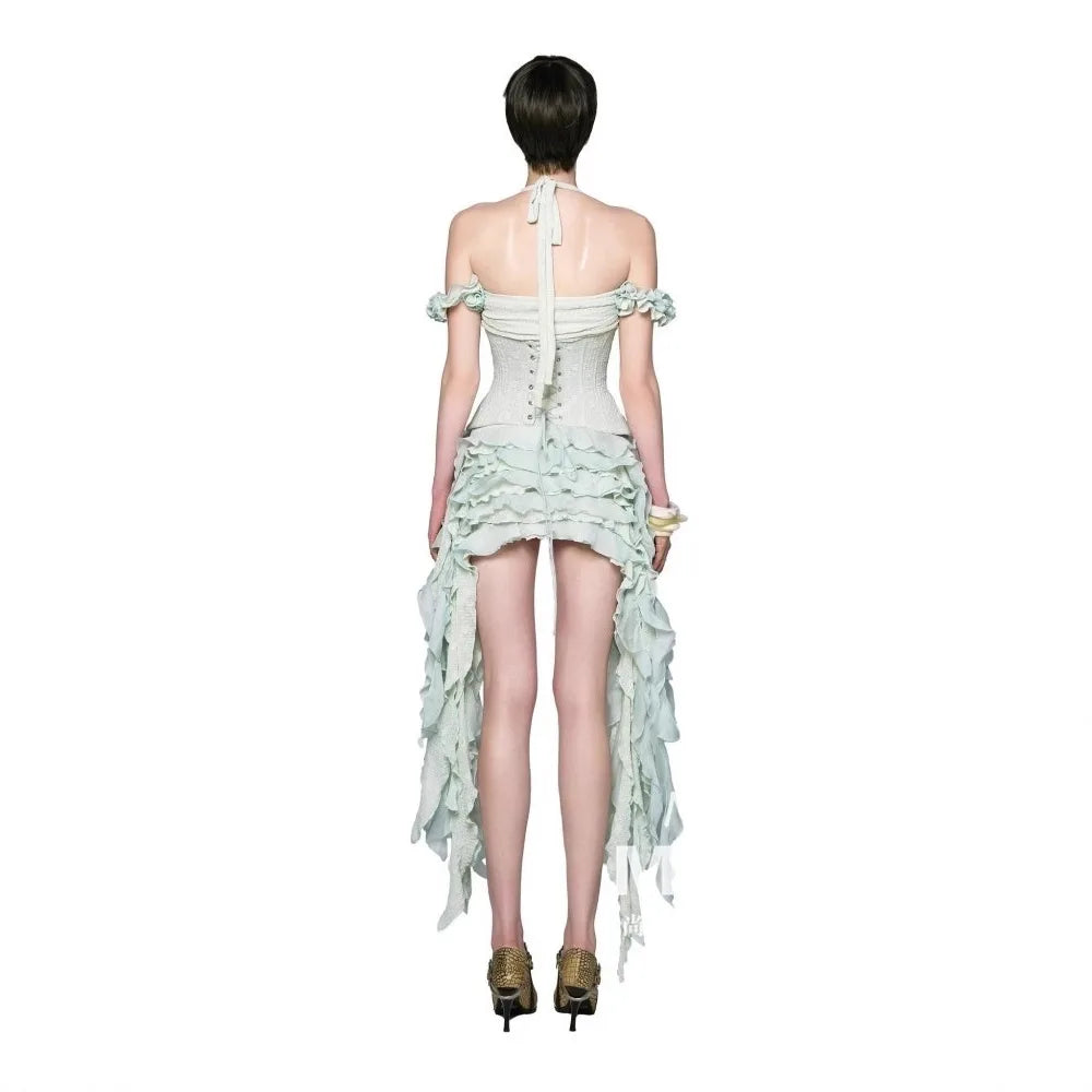Ingvn  French Elegant Fashion Sexy Halter Neck High Waist Seal Ruffled Fringed Ribbon Irregular Evening Party Dress Women Summer