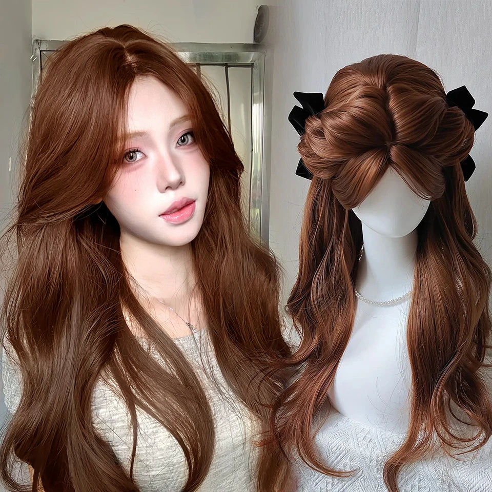 Ingvn  Long Wavy Brown Wig with Middle Part Bangs Synthetic Natural Cosplay Cute Wig Halloween Costume Lolita Wig for Women