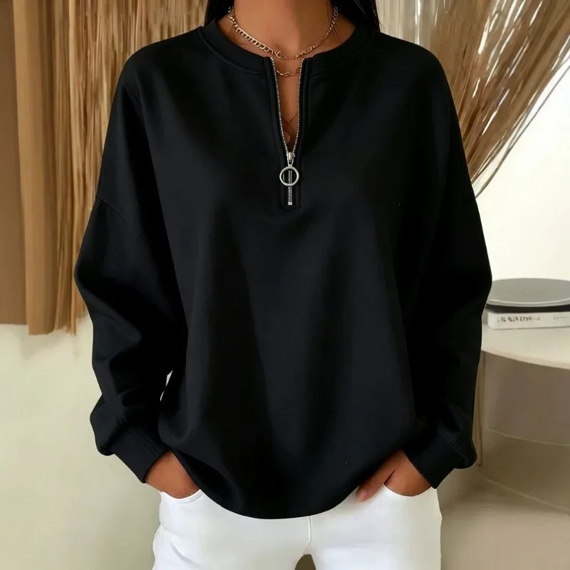 Ingvn - Women Round Neck Half Zip Sweatshirt Long Sleeve Loose Pullover Casual Fall Daily Top