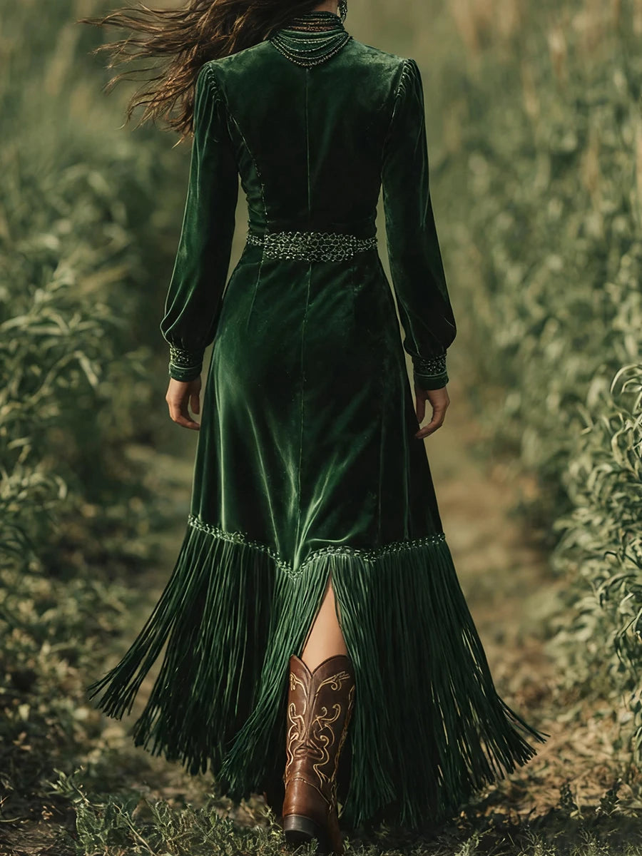 Ingvn  Elegant Women Velvet Dress Fringe Hem Sexy V Neck Long Sleeve Boho High Waist Long Sleeves A-Line Evening Party Maxi Dress