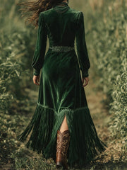 Ingvn  Elegant Women Velvet Dress Fringe Hem Sexy V Neck Long Sleeve Boho High Waist Long Sleeves A-Line Evening Party Maxi Dress