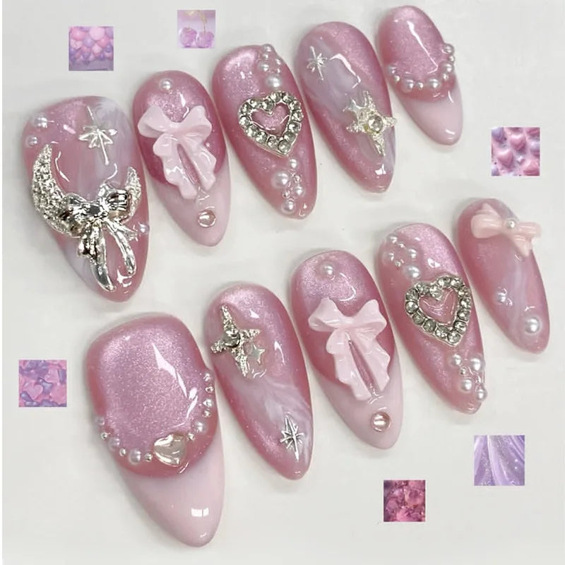 Ingvn  24Pcs Shiny Pink Cat's Eye Full Cover Nail Tips Fashion French Peach Blossom Design False Nails Almond Detachable Press on Nails