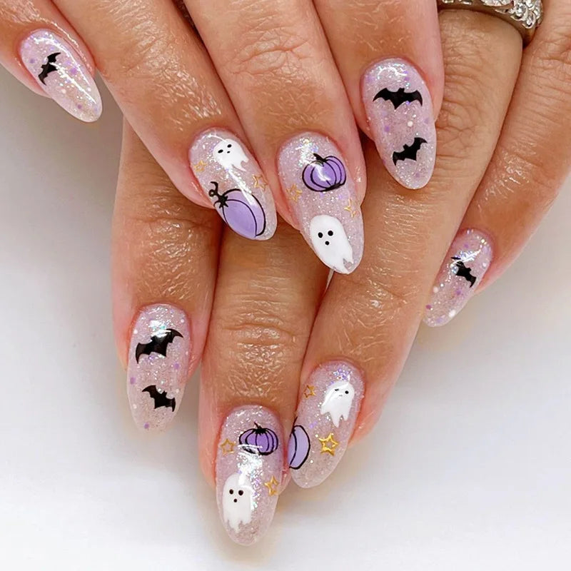 Ingvn  24Pcs Halloween False Nails with Almond Head Design Mid-length French Fake Nails Bat Wearable Oval Press on Nails Manicure Tools