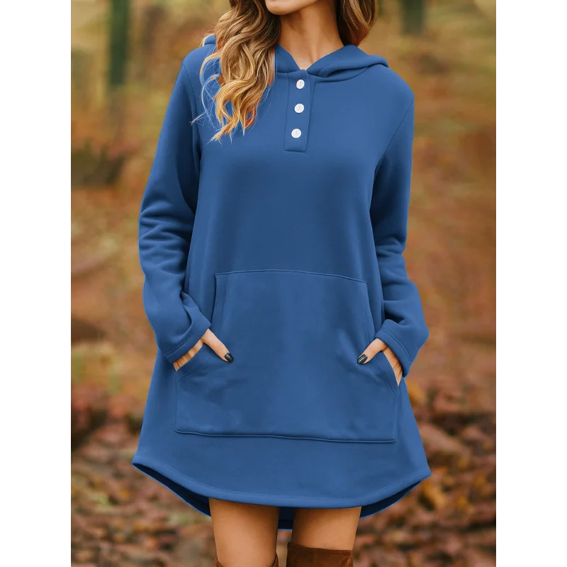 Ingvn - European American Autumn Winter New Style Women Casual Loose Fashion Solid Color Long Sleeve Pocket Pullover Hooded Sweatshirt