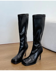 Ingvn - Ins Style Fashion Square Toe Stretch Leather Platform Women Knee-High Boots Autumn Winter High Heels Punk Motorcycle Boots Shoes