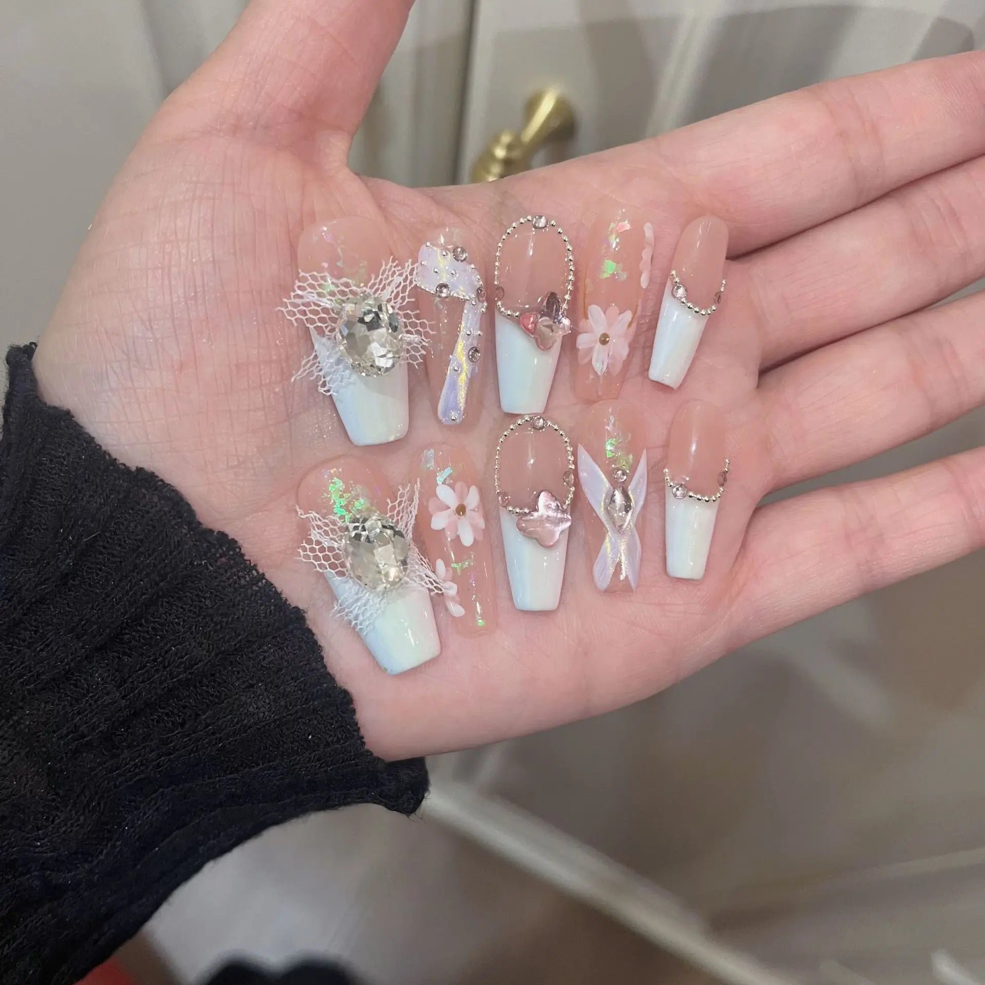 Ingvn  10Pcs Handmade Press on Nails Long Ballet Blue Fake Nails with 3D Ocean Moon Rhinestone Design False Nails Full Cover Nail Tips