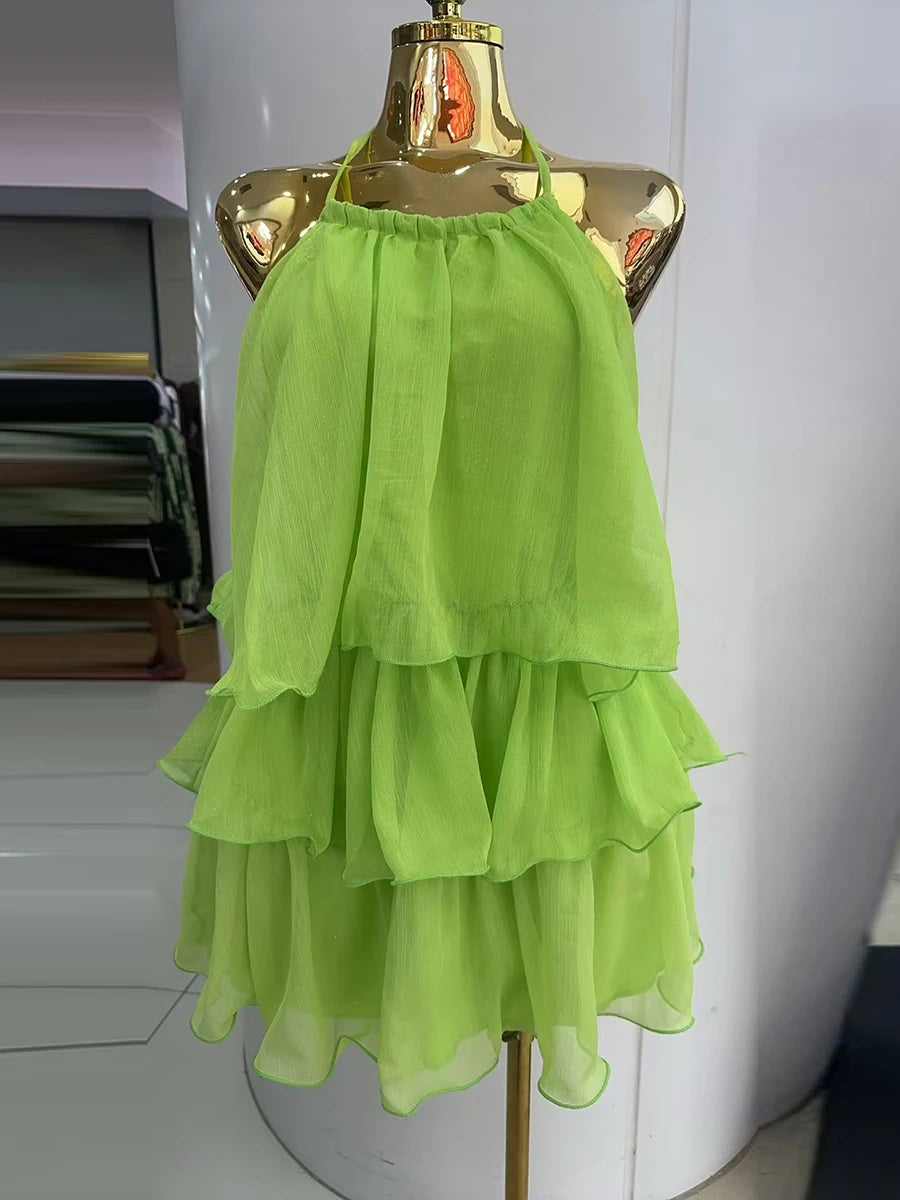 Ingvn  Solid Loose Spliced Ruffles Chic Dress for Women Halter Sleeveless Beach Vacation Dresses Female Summer Fashion New